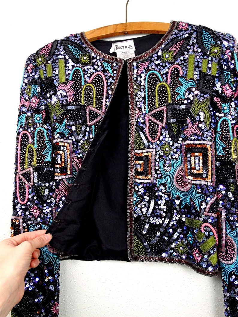 VTG Color Pop Sequin Jacket / 80's Pastel Embroidered Bolero / Geometric Sequined Beaded Evening Jacket image 2