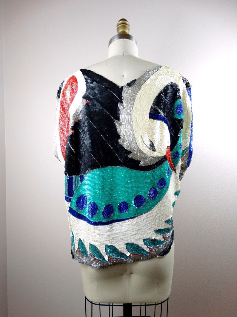 RARE Abstract Swan Sequin Top // Art Deco Swan Sequined Beaded Top // Novelty Couture Wearable Art Top image 4