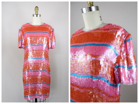 Pink & Orange Sequined Dress // Pastel Sequin Emb… - image 4