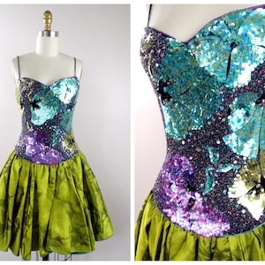 XS/S Pailletten Cocktailkleid von Neil Bieff und Bergdorf Goodman // Designer Couture Pailletten Perlen Minikleid // Vintage Glam Kleid XS