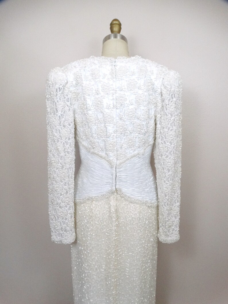 Vintage Pearl Beaded Wedding Dress / White Lace Embellished Bridal Gown image 8