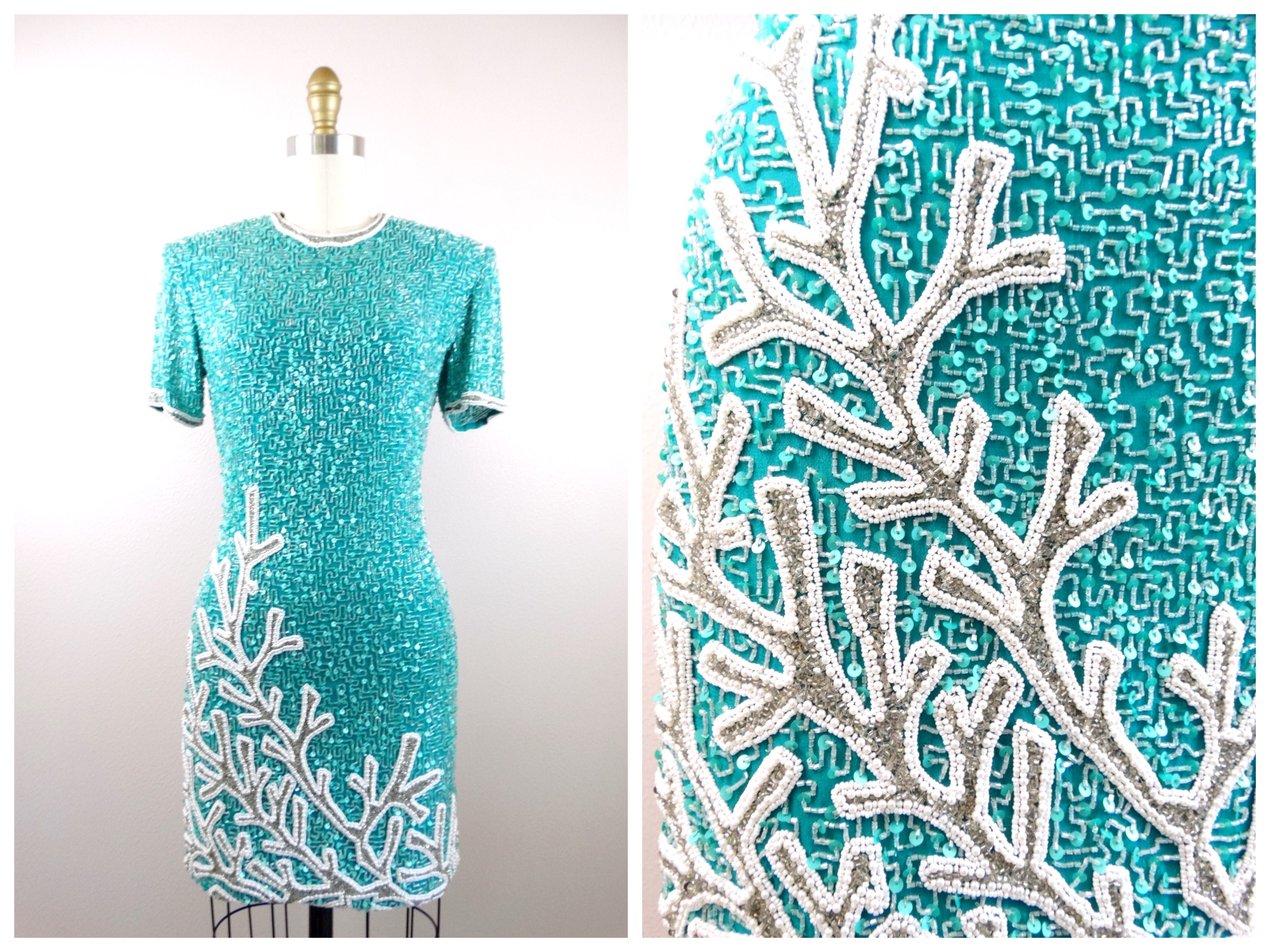 xs/S Teal Beaded Mini Dress/Aqua Turquoise Mint Green Sequin Embellished By Naeem Khan & Lillie Rubin