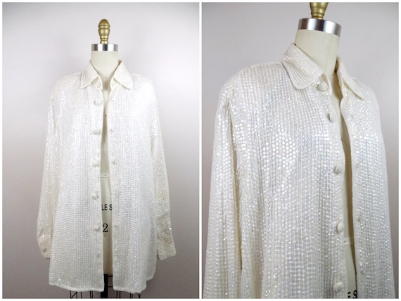 Iridescent Sequined Button Down Blouse / Plus Siz… - image 1