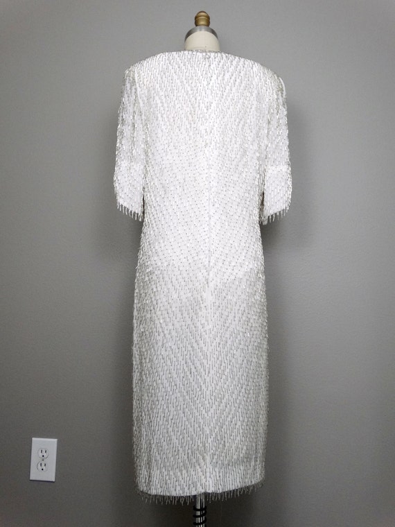 M/L Silver Beaded Fringe Dress / White GLAM Fring… - image 5