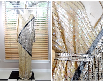 Iridescent Sequined and Beaded Gown // Ivory Silk Sequin Beaded Wedding Dress w/ Belt