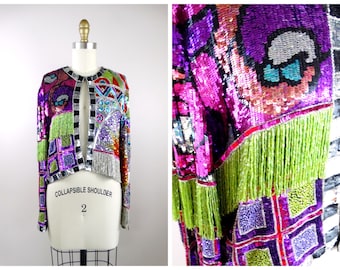 RARE Couture Fringe Beaded Bolero by Naeem Khan Riazee / Bright Retro Funky Sequin Novelty Jacket