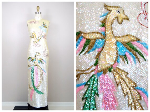 Vtg Cheongsam Fully Sequined Beaded Dress / Orient