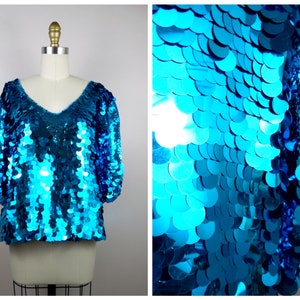 L/XL Turquoise Blue Paillette Top / Flashy Sequin Embellished Blouse / All Over Sequined Top / Sequin Discs Top