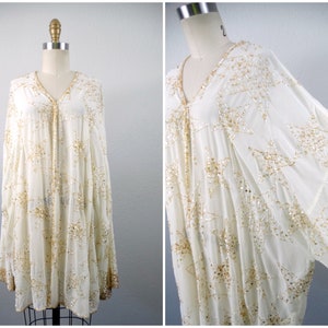 Star Beaded Plus Size Sheer Duster // Ivory and Gold Shooting Stars Embellished Long Shrug 1x 2x 3x
