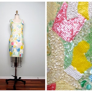 ESCADA Vintage Sequin Beaded Dress // 80s 90s Designer Couture Embellished Dress // Pearlized Pastel Sequined Dress