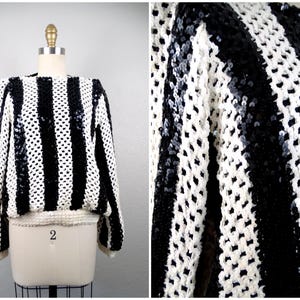 60s 70s Mod Sequin Top / Vintage Oversized Embellished Blouse / Black and White Pullover