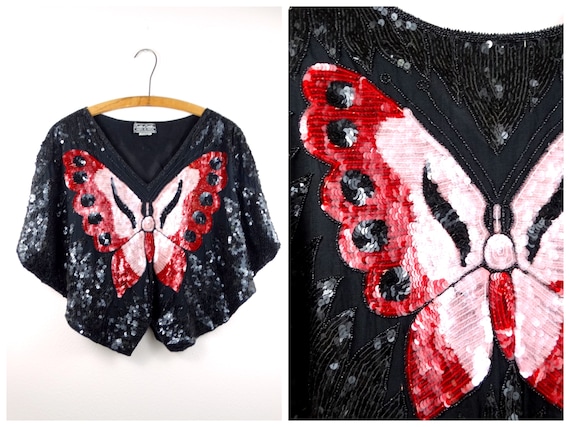 80s Sequined Butterfly Top // 1980s Silk Beaded Ba