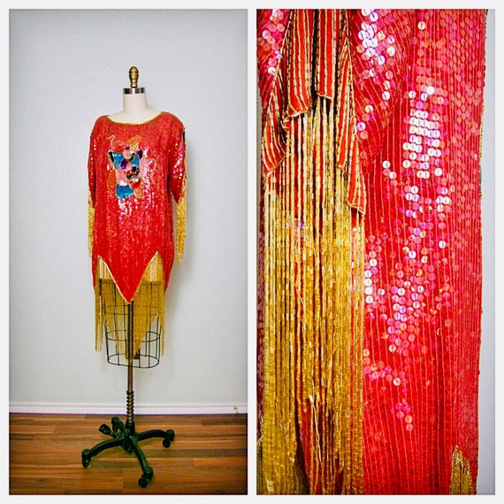 Red & Gold Beaded Flapper // Sequined Gatsby Dres… - image 1