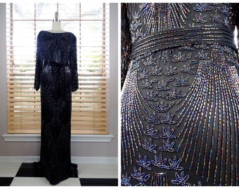 S/M Art Deco Sheer Beaded Gown / Black Beaded Sequined Gatsby Dress / Long Sleeved Bead Embellished Gown w/ Belt Small