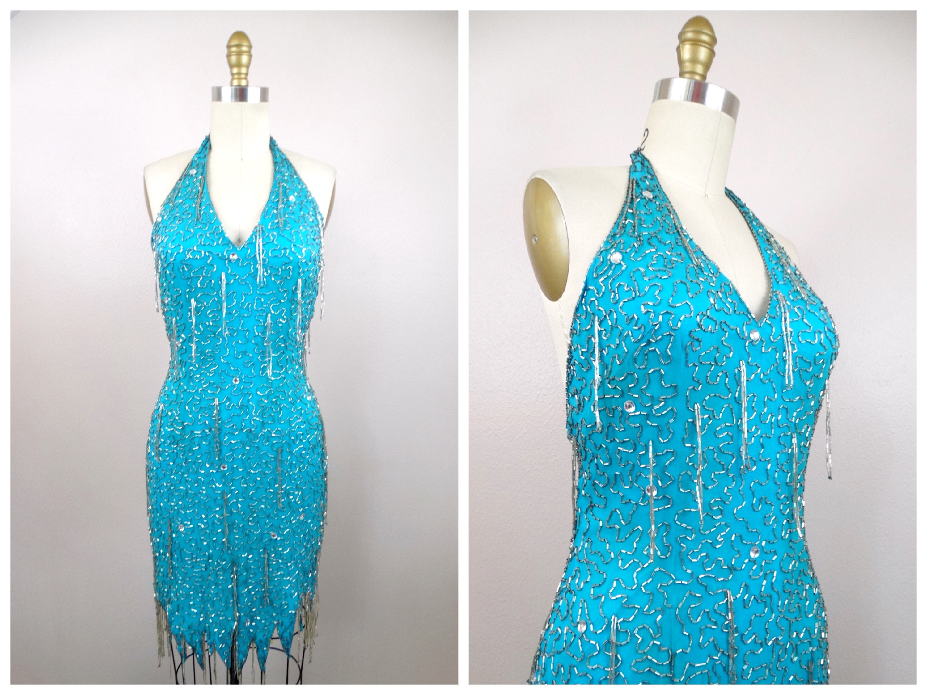 XS/S Bright Blue Beaded Fringe Mini Dress / Aqua Sequined Tassel Backless Halter  Dress - Etsy