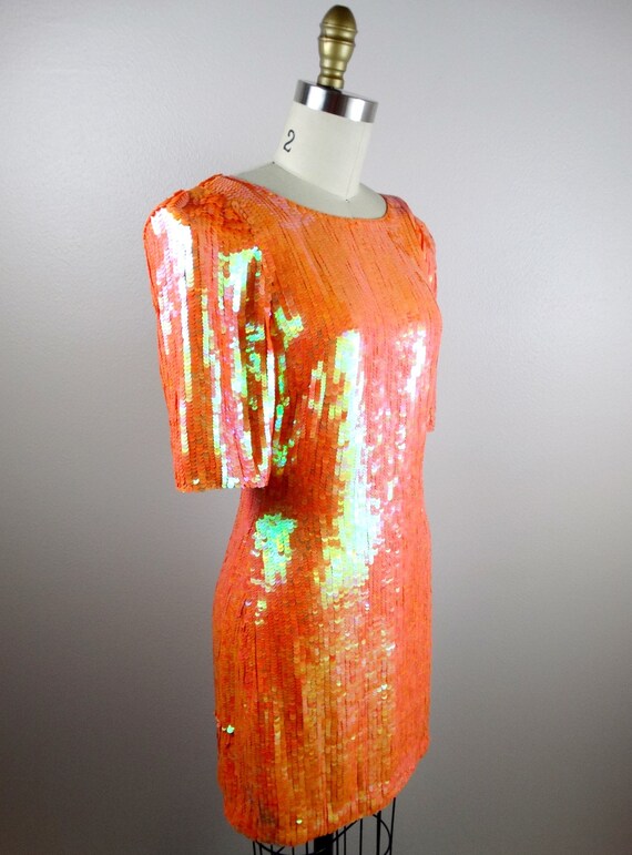 Neon Sequin Mini Dress / AMAZING Iridescent Sequi… - image 4