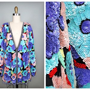VTG Pastel Floral Abstract Sequin Jacket / Bright Art Deco