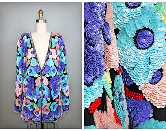 VTG Pastel Floral Abstract Sequin Jacket / Bright Art Deco Sequin Open Cardigan Large XL