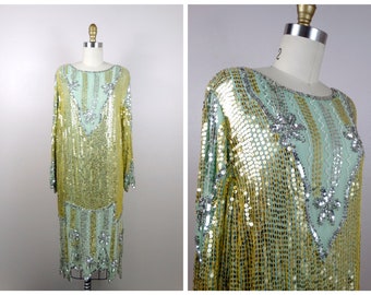 Gold and Silver Sequin Beaded Dress / Sage Silk Sequined Dress / Sparkling Embellished Flapper Dress