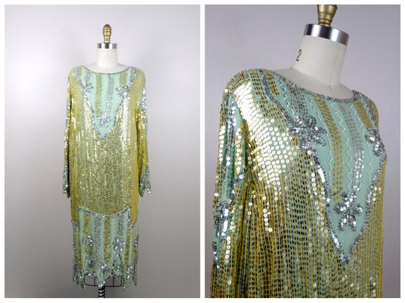 Gold and Silver Sequin Beaded Dress / Sage Silk S… - image 1