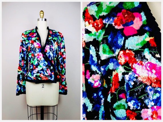90s Couture Sequined Wrap Top / Bright Floral Seq… - image 8