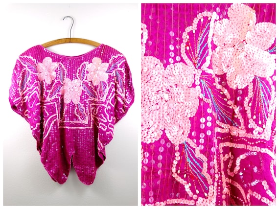 Vtg Neon Pink Sequined Batwing Top // Hot Pink & P