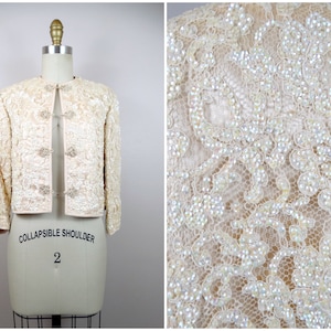 70s 80s Iridescent Sequin Lace Bolero / Ivory Cream Beige Sequined Bridal Jacket / Oriental Cheongsam Shrug