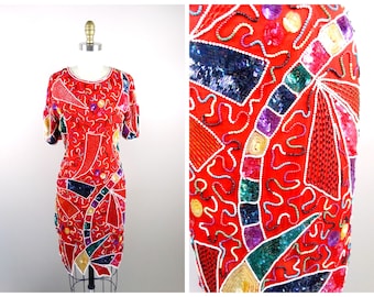 XS/S Rainbow Sequined Party Dress // Red Sequin Embellished Dress // Funky Hand Beaded Dress Small XS