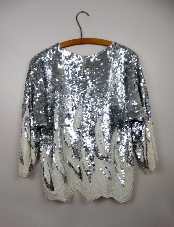 S/M Reflective Mirrored Sequin Top // Silver Sequ… - image 3