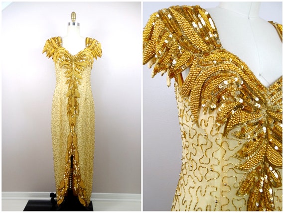 Art Deco Gold Sequin Dress // Vintage Beaded Sequ… - image 10