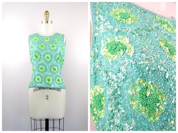 Chartreuse Green Beaded Top / Iridescent Sequined
