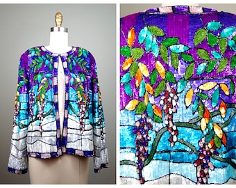 S/M Art Scene Sequined Jacket / Stained Glass Wisteria Sequin Hand Beaded One of a Kind Couture Vintage OOAK