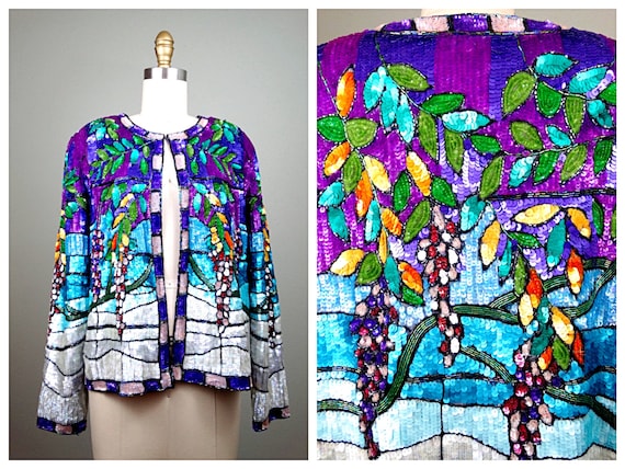 S/M Art Scene Sequined Jacket / Stained Glass Wis… - image 1