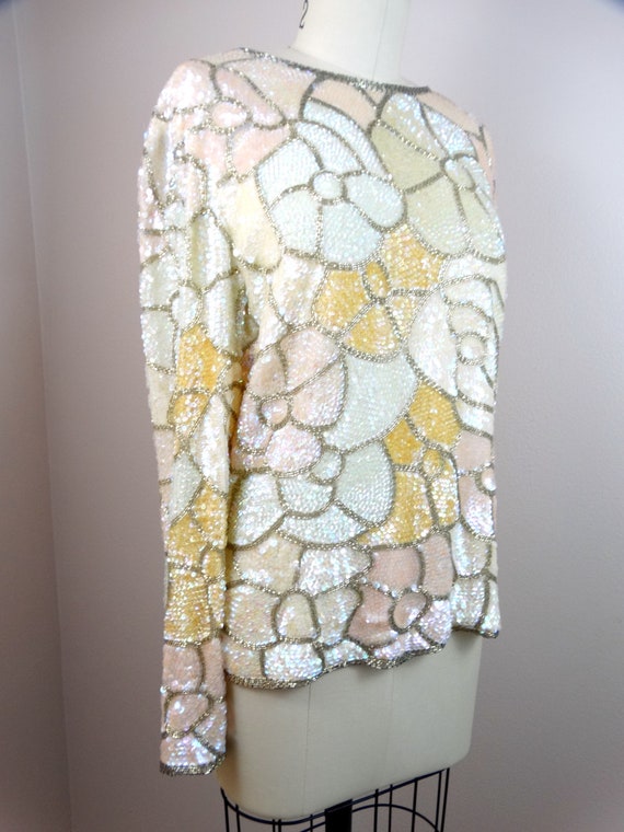 S/M Iridescent Sequined Beaded Ivory Cream Top / … - image 2