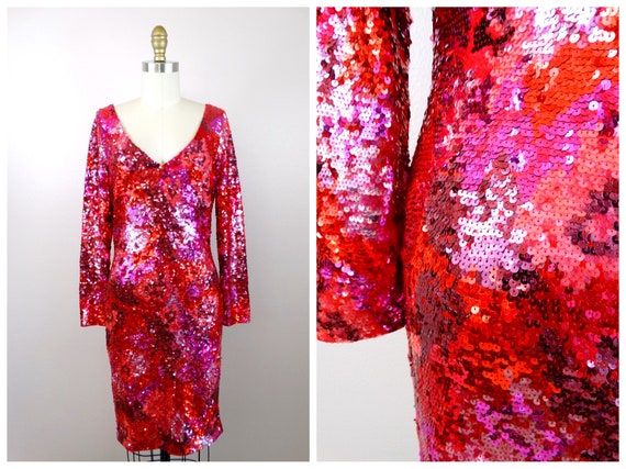 Hot Pink Sequined Dress // Neon Pink & Red Sequin