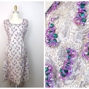 50s 60s Crystal Beaded Dress / 1950’s 1960’s Emerald Rhinestone Encrusted Gold Brocade Dress