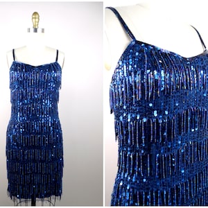 Navy Blue Sequin Fringe Beaded Dress / All Over Fringed Beaded Sequined Dress