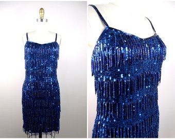 Navy Blau Sequin Fringe Beaded Dress / All Over Fringed Beaded Pailletten Kleid