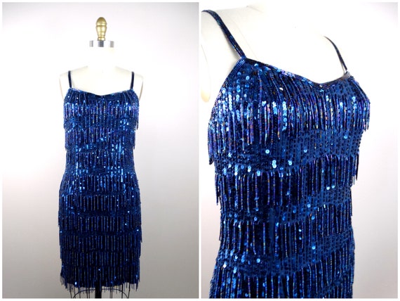 Navy Blue Sequin Fringe Beaded Dress / All Over Fringed Beaded Sequined  Dress - Etsy