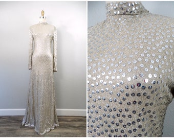 70s Sequin Dynasty Gown / 1970's Vintage Sequined Gown / Silver Embellished Long Dress