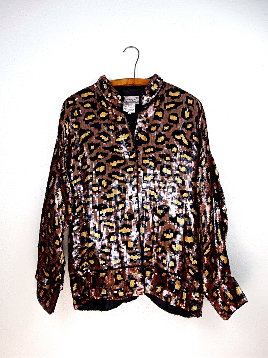 Wild Cat Sequin Bomber Jacket / Animal Print Vintage Jacket