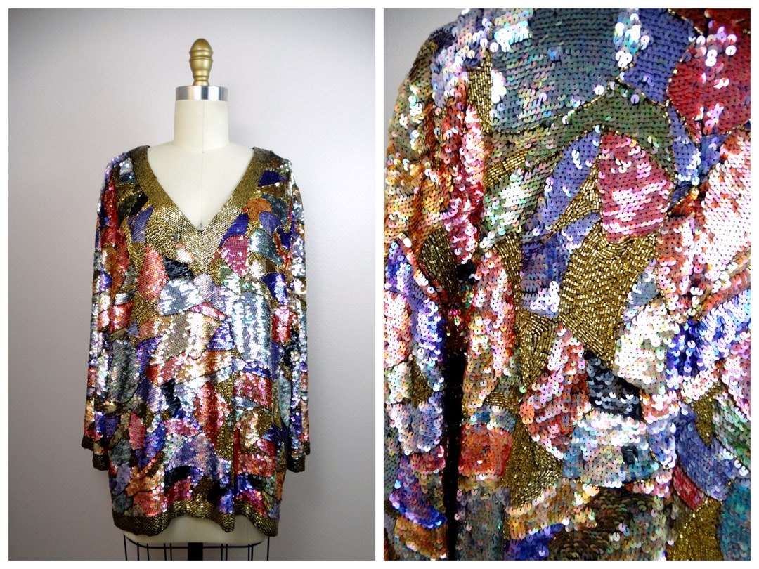 L/XL Oleg Cassini Sequin Top / Fall Colors Beaded Top Large - Etsy