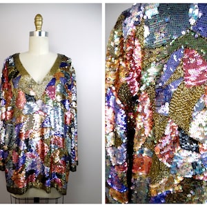 L/XL Oleg Cassini Sequin Top / Sparkly Embellished Fancy Top / Abstract Beaded Top L Large
