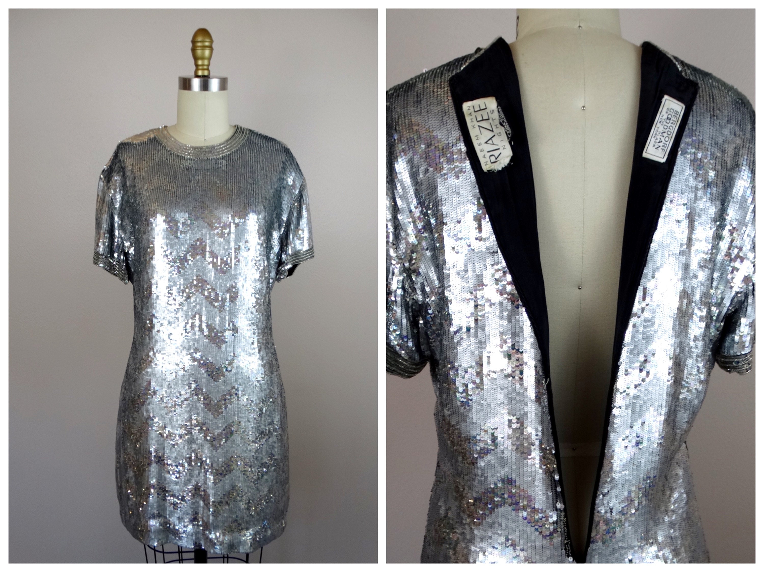 naeem khan silver dress A breathtaking party dress that is fit for sparkling on the dance floor! , This Naeem Khan drop waist midi dress is available by DM! (we ship! ) , Fits best on a size 0/2, Bust: 32-34, Waist:
