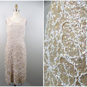 50s 60s Glam Beaded Sequin Dress / 1950's 1960's Iridescent Ivory Sequined Wool Dress