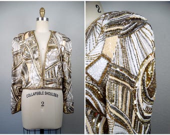 Ornate Oleg Cassini Beaded Bolero / Silver White and Gold Sequin Cropped Jacket