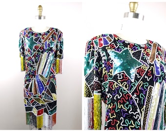 VTG Beaded Fringe Dress / Retro Rainbow Funky Sequin Beaded Dress / Vintage Party Dress