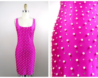 Crystals and Pearls Mini Dress // Hot Pink Bodycon Pearl Beaded Dress // Rhinestone Embellished Couture Party Dress