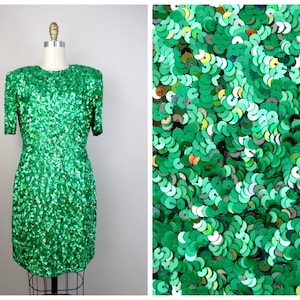 Philippe Albert Vintage Sequin Dress / Couture Emerald Green Sequined Beaded Silk Dress