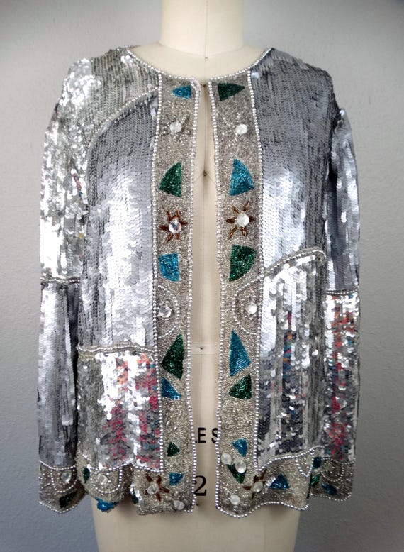Reflective Sequin Open Cardigan / Mirror Silver B… - image 4
